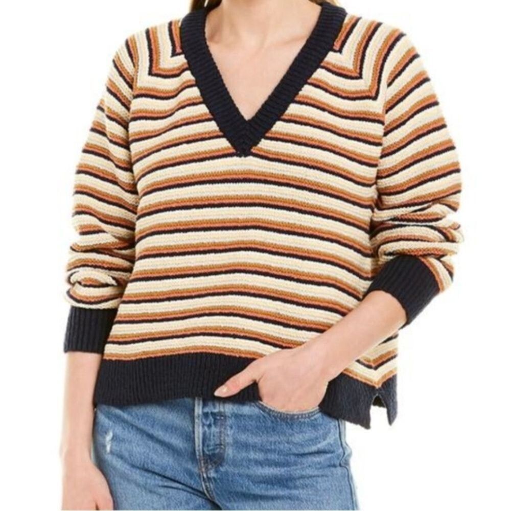 Madewell Striped Cropped Oversized Sweater Arden Blue Orange V-neck Cotton - XXS